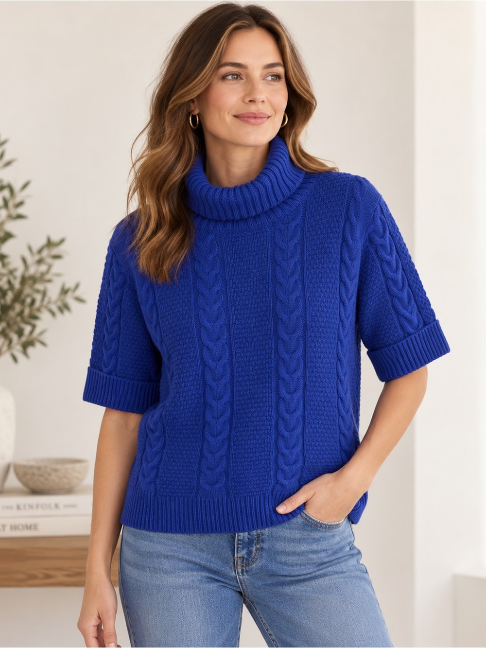Evelyn 100% Cashmere Cable Knit Short Sleeve Turtleneck Sweater Blue S
